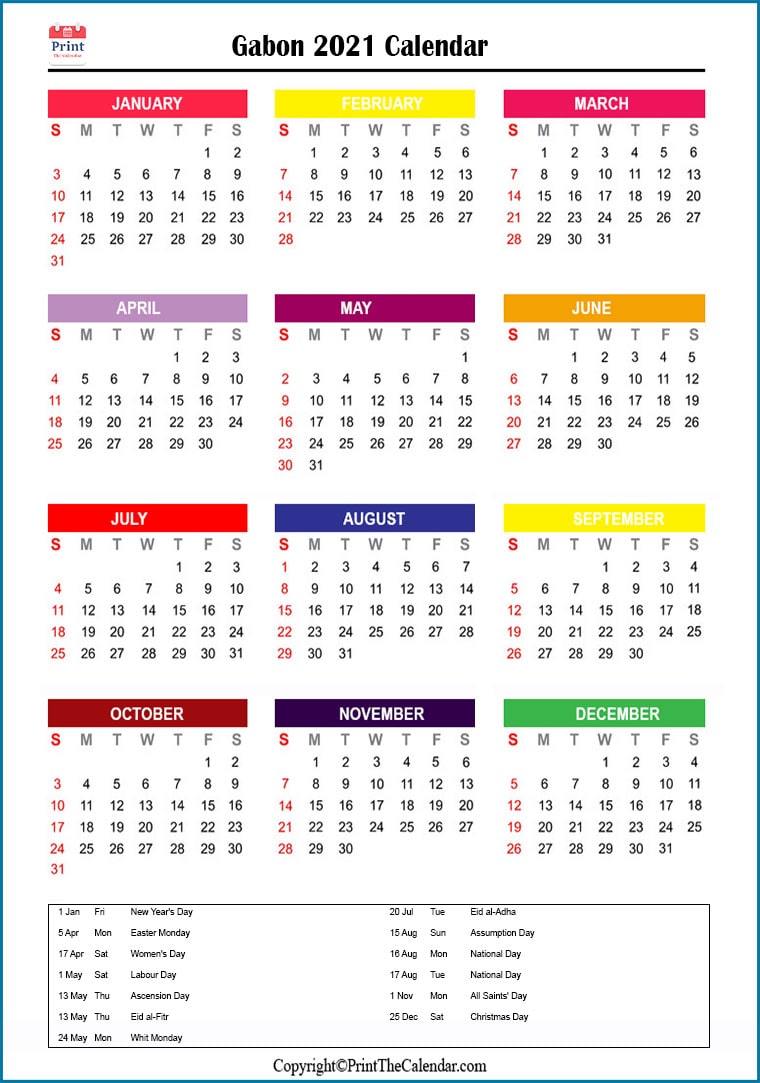 Gabon Printable Calendar 2021
